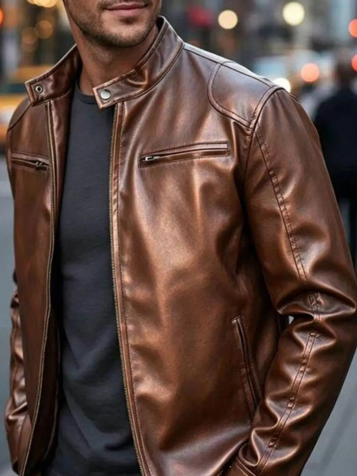 Men's Faux Leather Zip-Pocket Bomber — photo 5