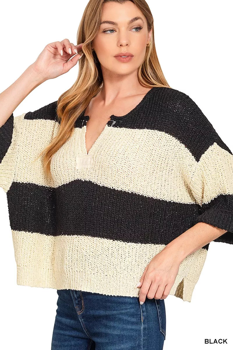 Split Neck Stripe Sweater