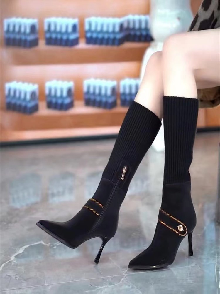 Women's Over-the-Knee Stiletto Boots | Stretchy Knit Pointed Toe Side Zipper