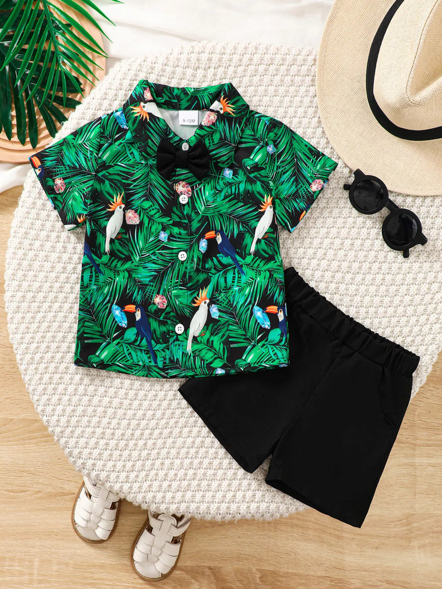Tropical Print Shirt & Shorts Set — Black