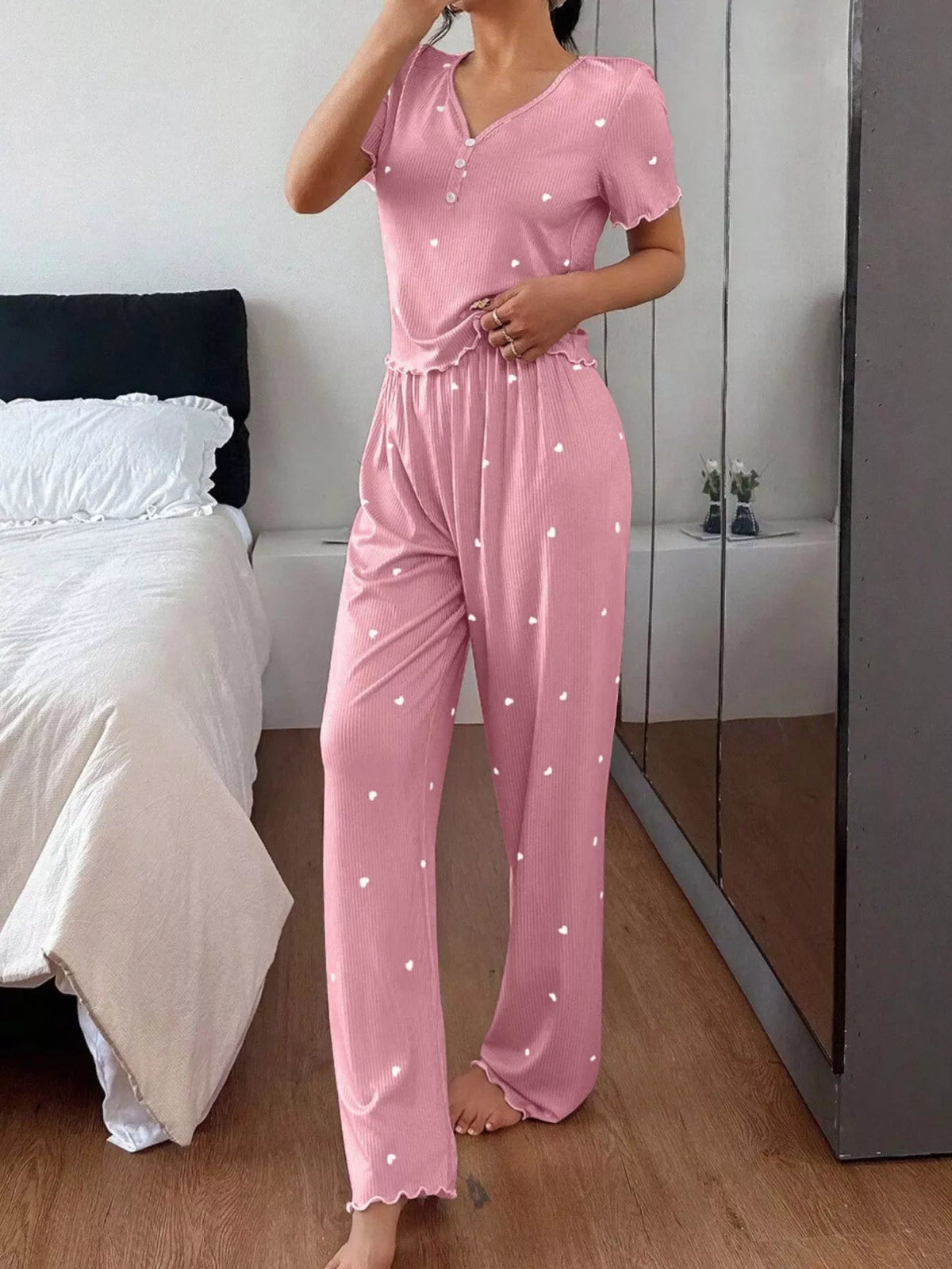 Women's Heart-Print Lettuce-Trim Loungewear Set