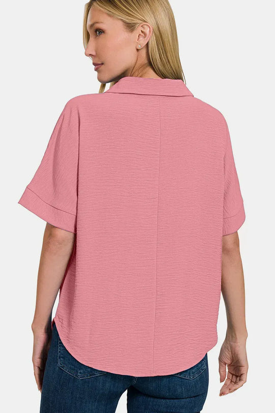 Another view: Texture Collared Neck Short Sleeve Top — Lt Rose
