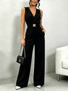 Black belted V-neck wide-leg jumpsuit