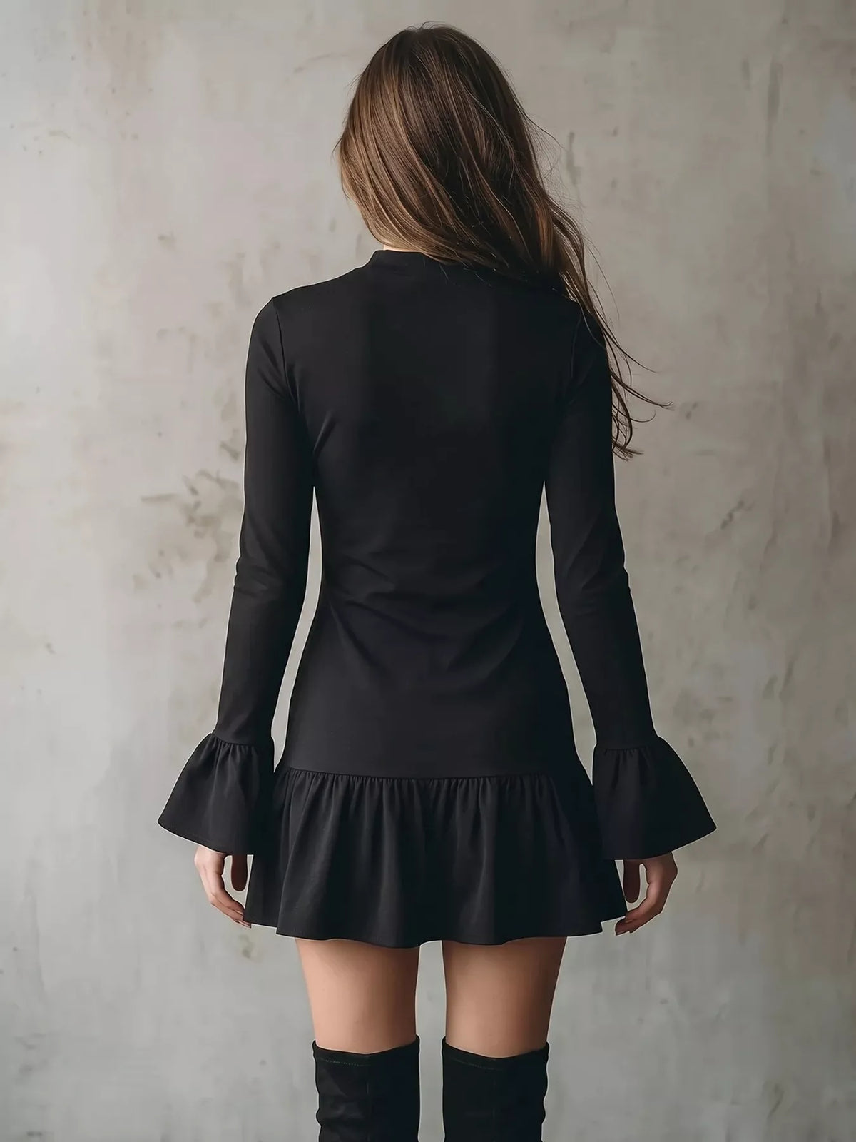Ruffle-Hem Long-Sleeve Mini Dress