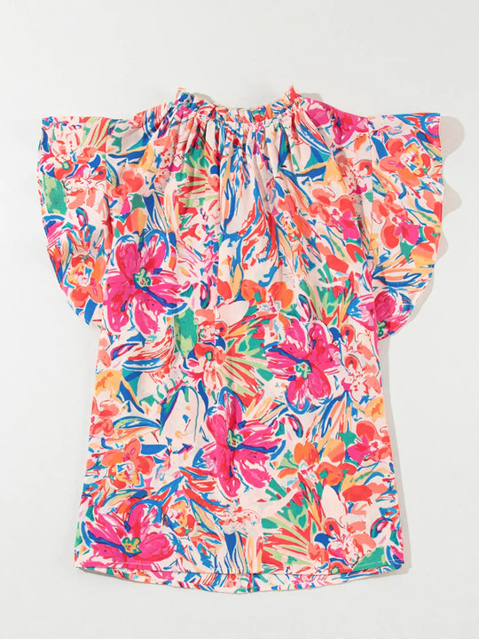 Another view: Floral Ruffle-Sleeve V-Neck Blouse — Blush Pink
