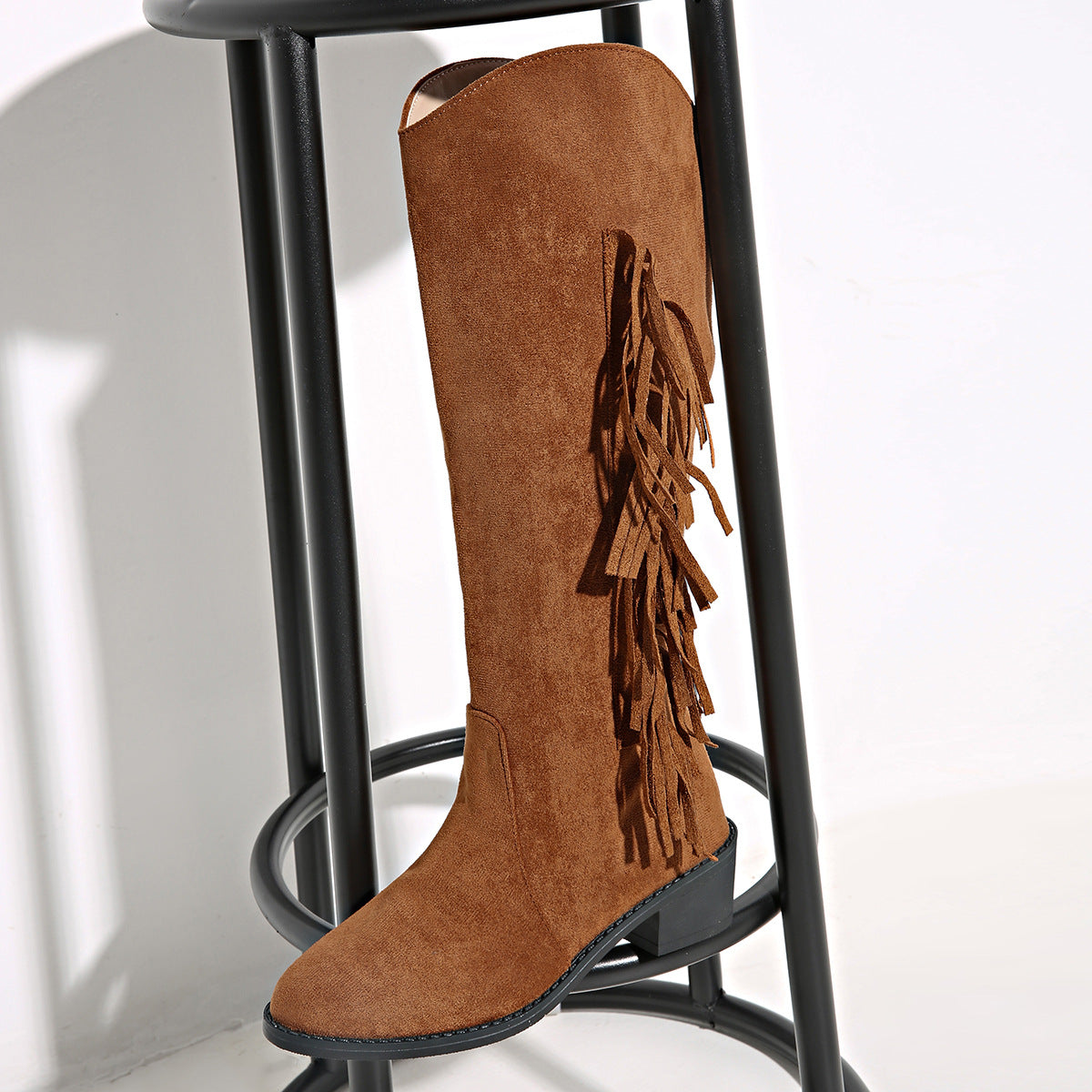 Suede Over-the-Knee Tassel Boots – Women's Brown Chunky Heel Slip-On