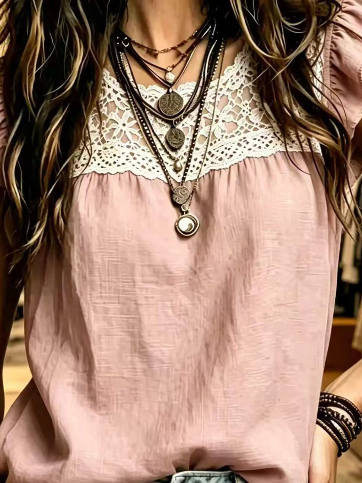 Lace-Trim Ruffle-Sleeve Blouse