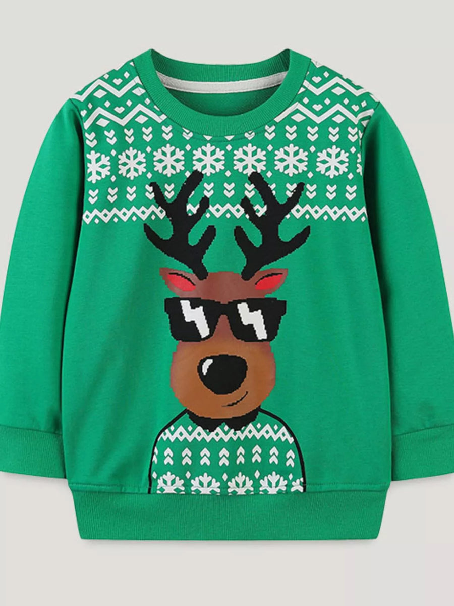 Kids' Reindeer Christmas Cotton Sweatshirt – Dark Green