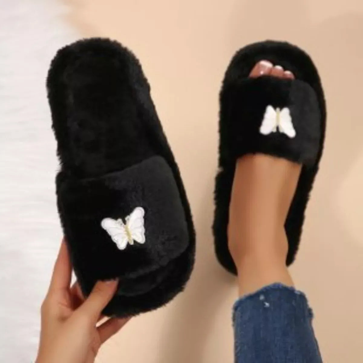 Butterfly Open-Toe Faux Fur Slippers — photo 4