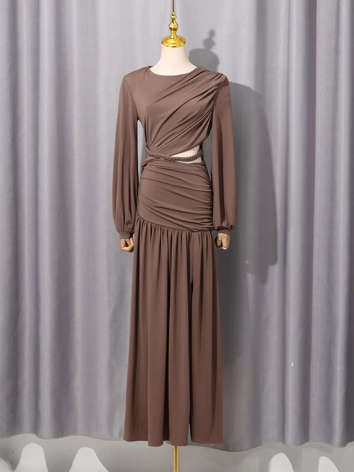 Brown Ruched Cutout Maxi Dress