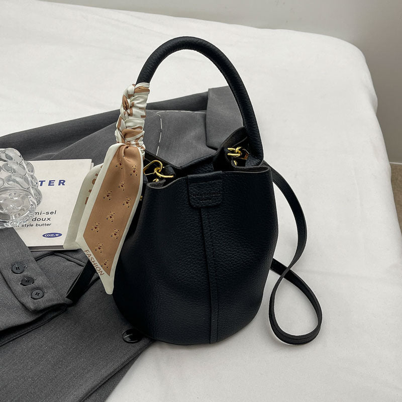 Women's PU Leather Bucket Tote Bag with Silk Scarf Detail – Everyday Shoulder Handbag
