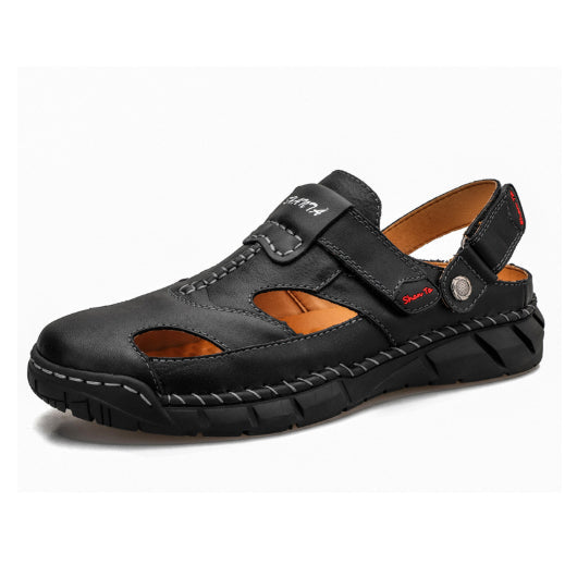 Men's Large Size Velcro Sandals – Split Cowhide Leather Upper, Rubber Sole, Sizes 38–48