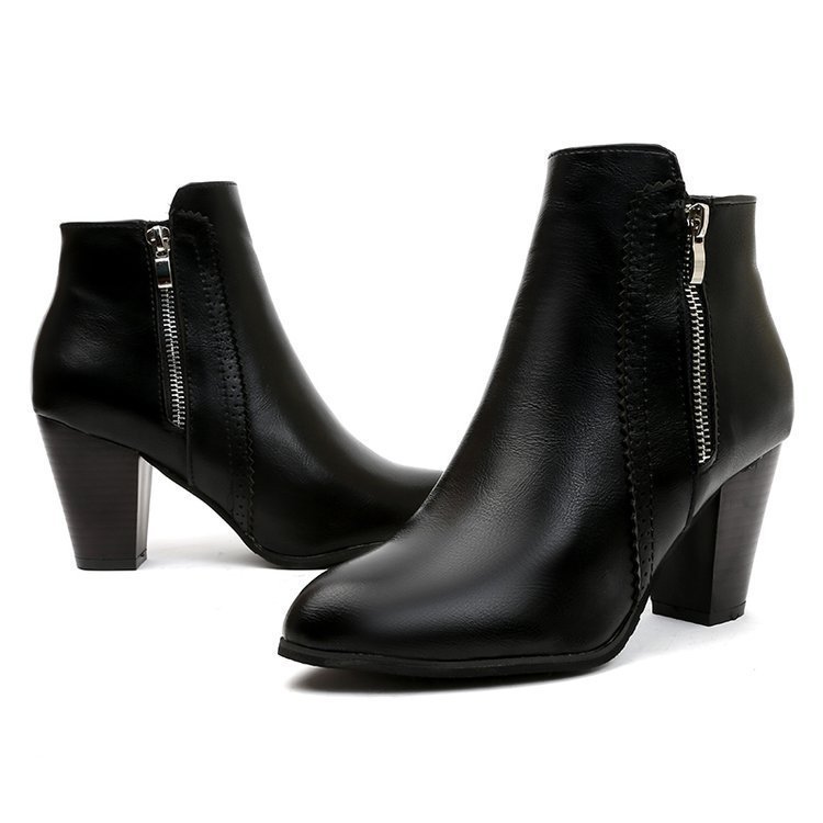 Women's Retro Chunky Heel Ankle Boots – Side Zip Pointed Toe Block Heel