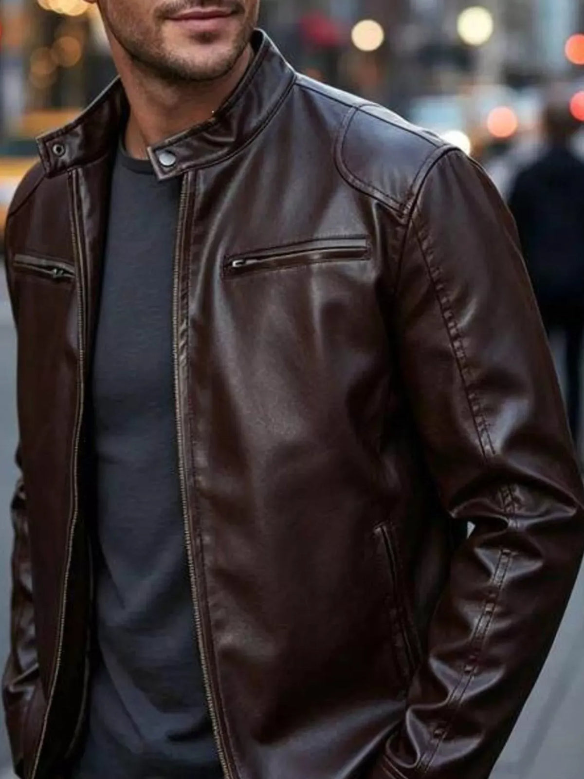 Men's Faux Leather Zip-Pocket Bomber — photo 15