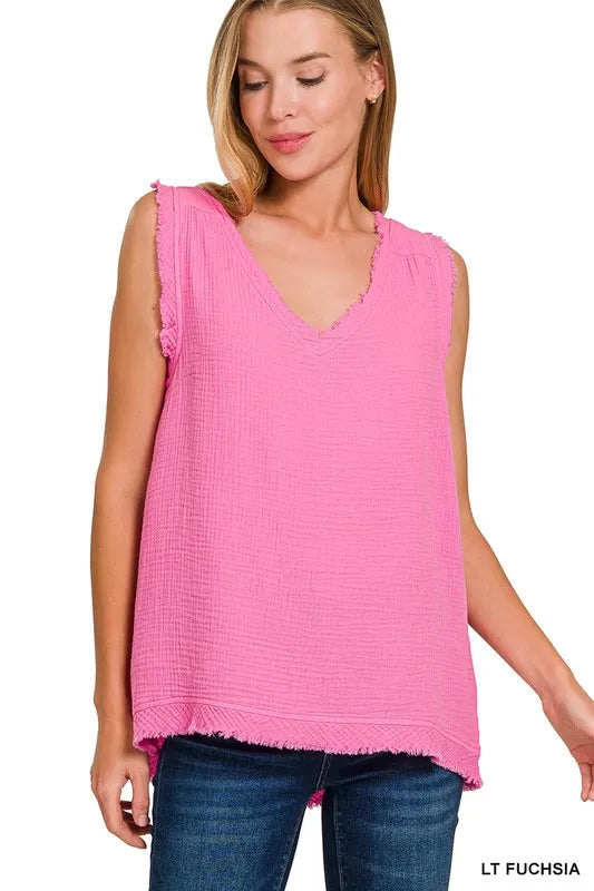 Double Gauze Raw Edge V-Neck Tank — LT FUCHSIA