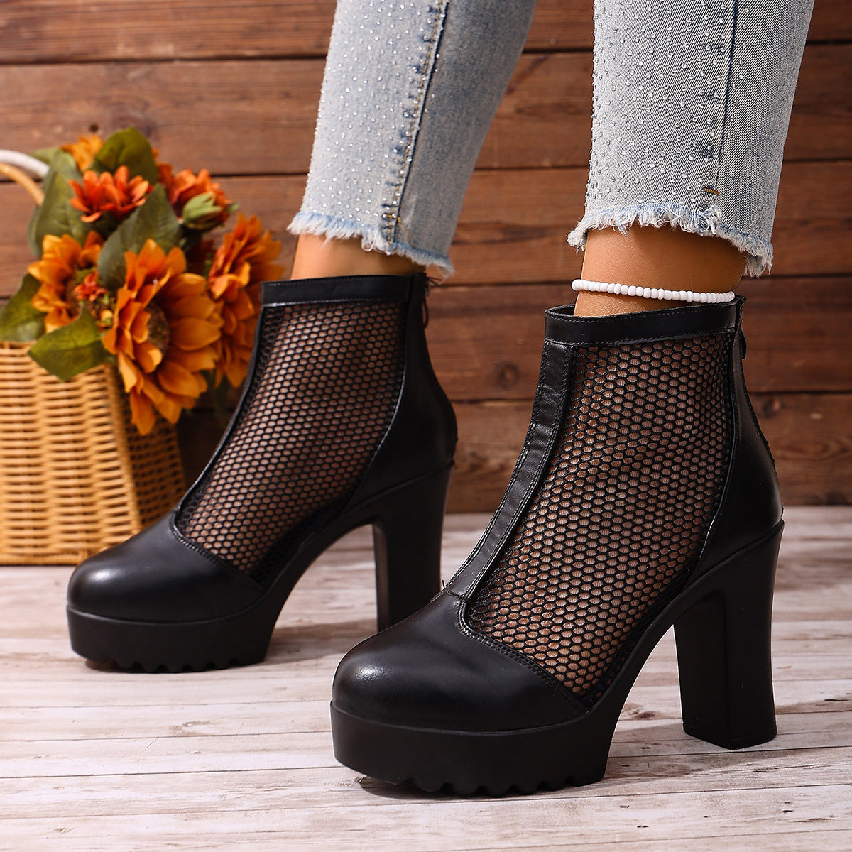 Women's Mesh Chunky Heel Ankle Boots – Back Zip High Heel Fashion Boots
