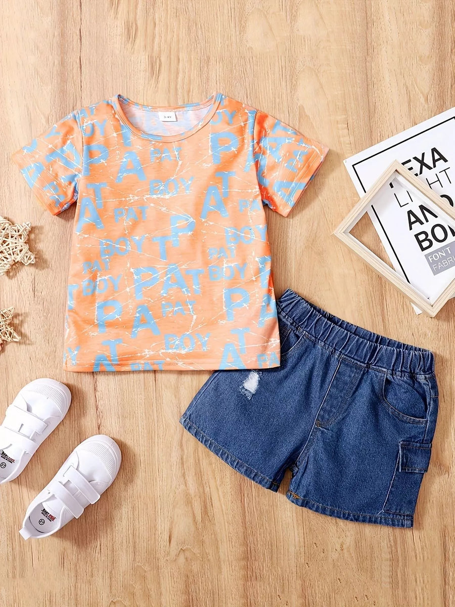Kids' Letter-Print Tee & Denim-Look Shorts Set – Orange