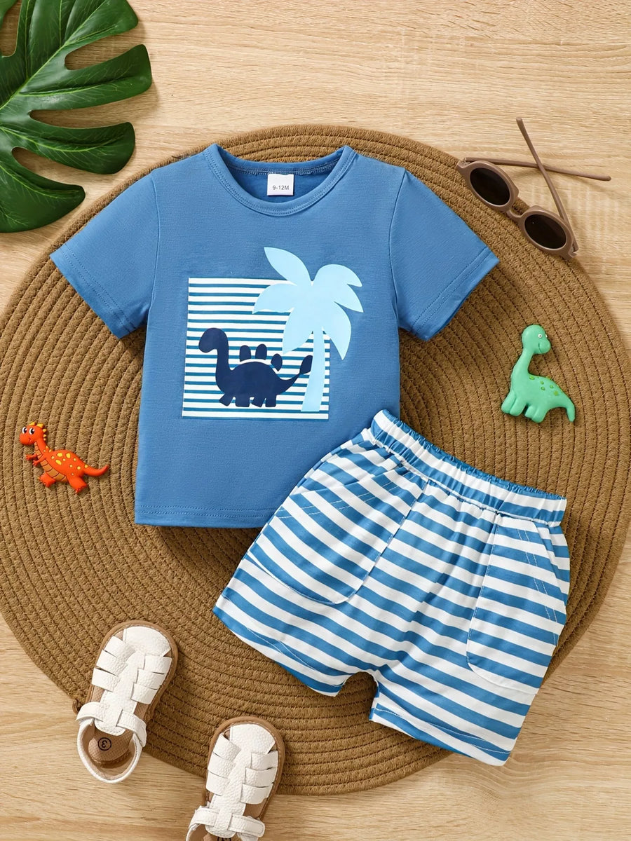 Meadow Days Dinosaur Print T-Shirt & Striped Shorts Set