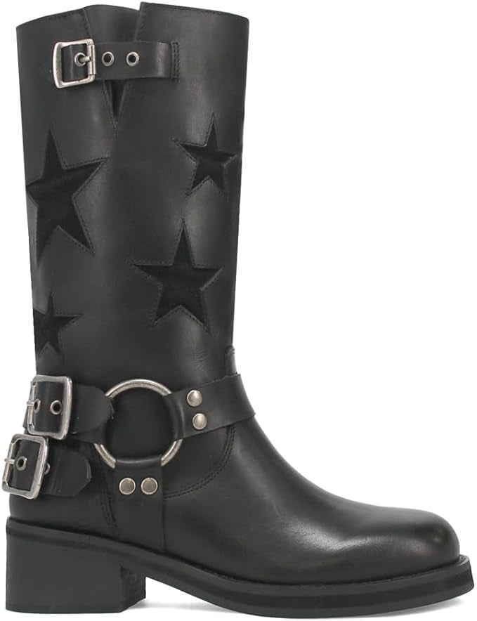 Women's Stitched Belt Buckle Ankle Boots – Chunky Low Heel, Round Toe, Slip-On