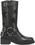Women's Stitched Belt Buckle Ankle Boots – Chunky Low Heel, Round Toe, Slip-On
