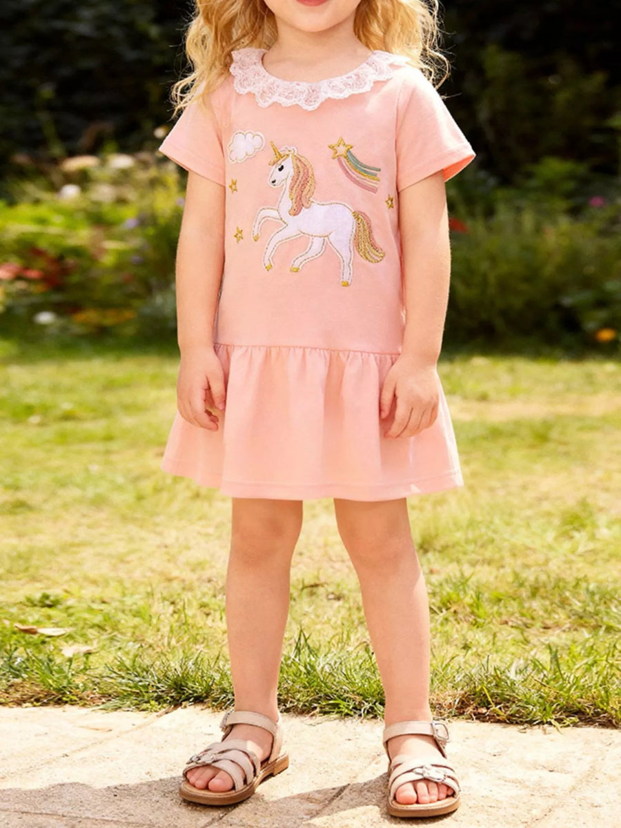 Unicorn Embroidered Lace-Collar Cotton Dress — Watermelon Pink