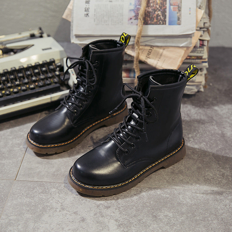 Women's Chunky Lace-Up Dr Martens-Style Boots – Round Toe, Mid-Heel, Black PU Leather