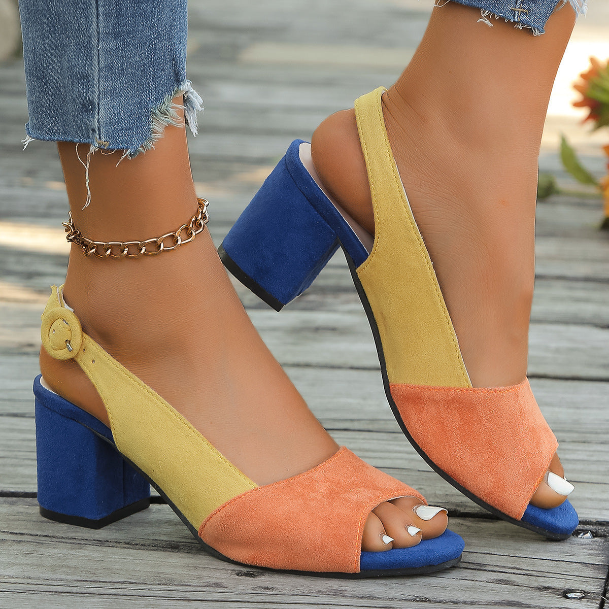 Women's Colorful Block Heel Sandals | Round Toe Suede Heels with Buckle Closure