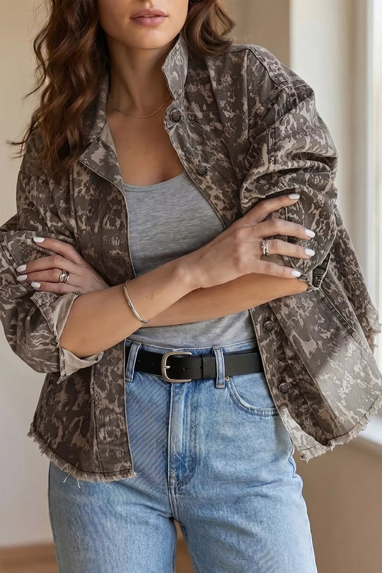 Another view: Abstract Print Long-Sleeve Collar Raw Hem Denim Jacket