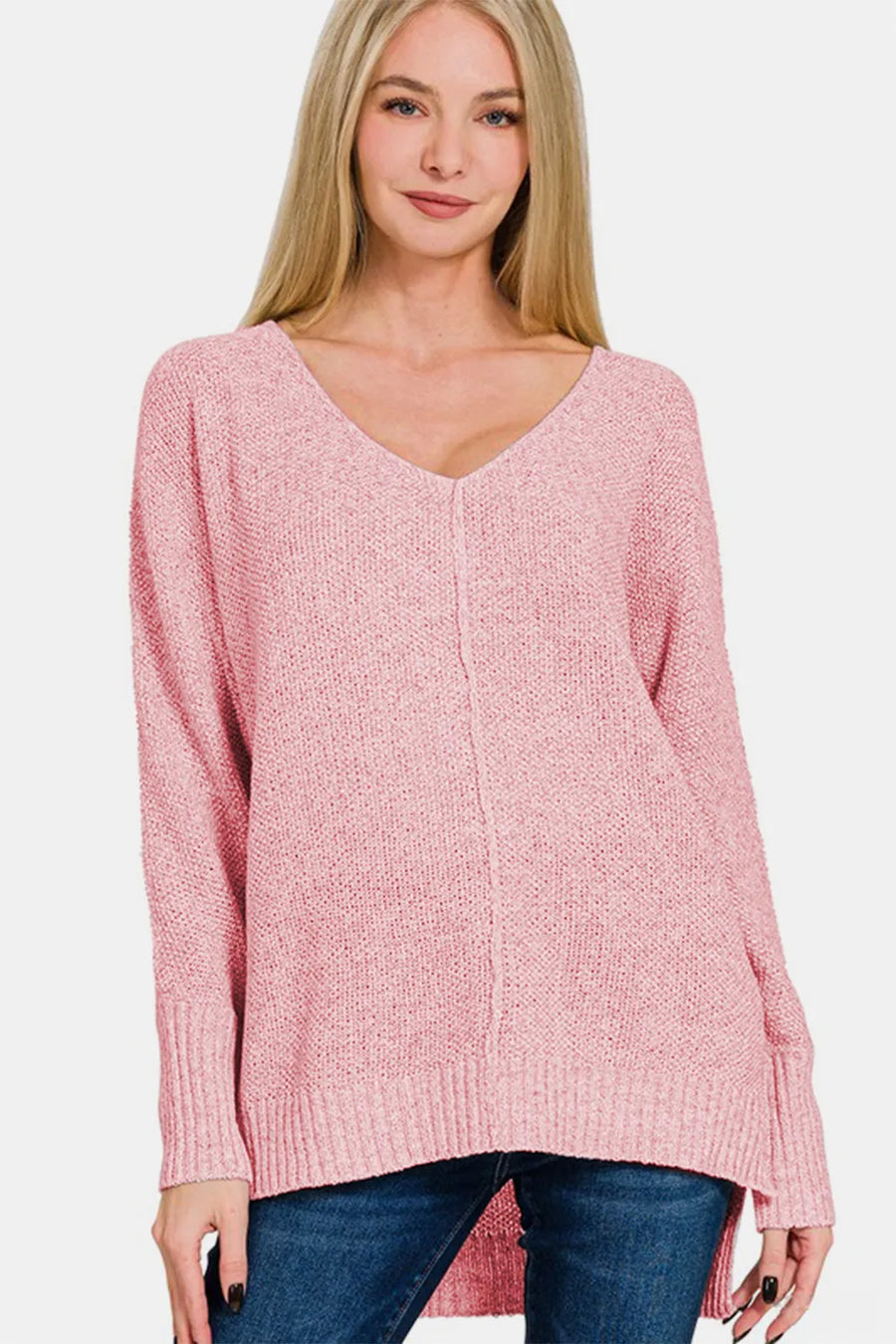 High-Low Center Seam V-Neck Sweater — Dusty Pink