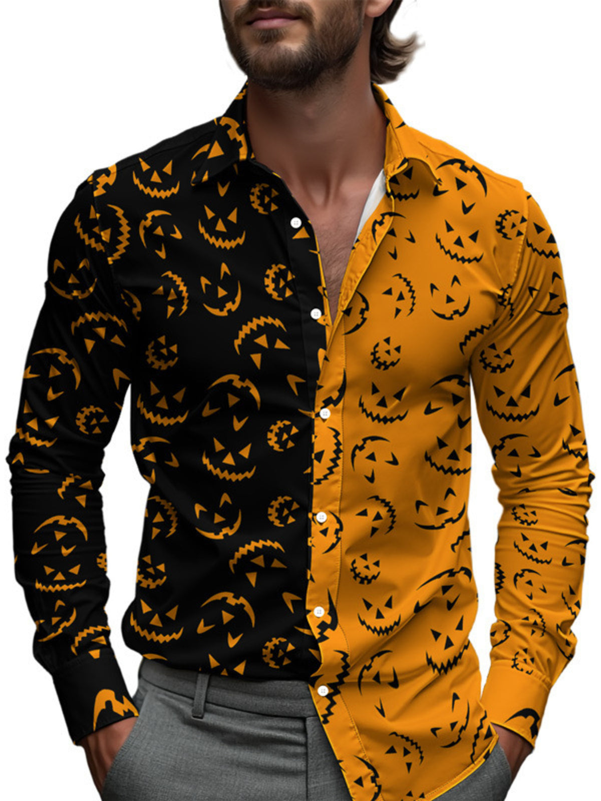 Men's Plus Size Halloween Print Button-Down Shirt