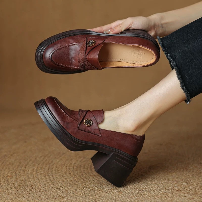 Vintage Chunky-Heeled Leather Shoes for Women - Round Toe Slip-On Dress Shoes