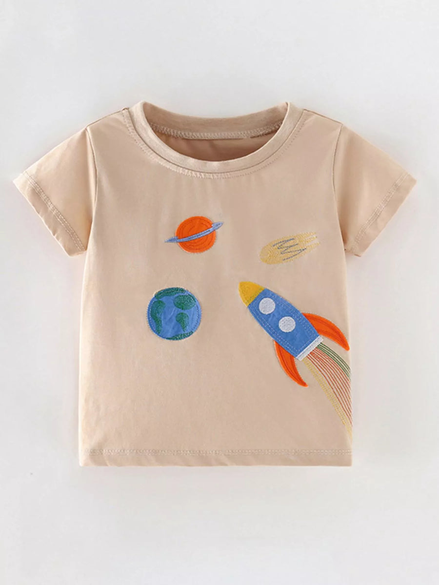 Kids' Space Adventure Embroidered T-Shirt – Khaki