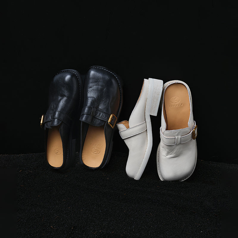 Women's Full Grain Leather Buckle Mules | Retro Low Block Heel Backless Shoes