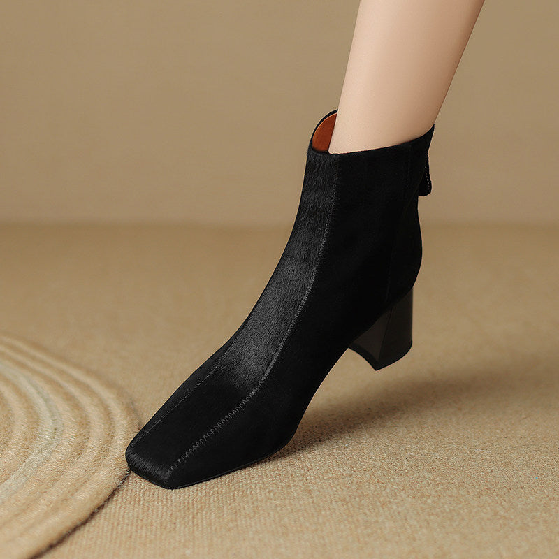 Women's Square-Toe Chunky Heel Horsehair Short Boots – Sheepskin Winter Boots
