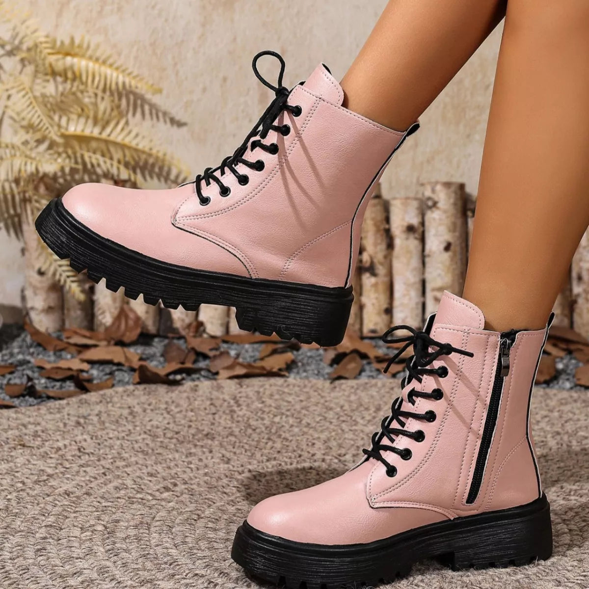 Women's Lace-Up Ankle Combat Boots | Low Heel PU Leather | Khaki Pink Brown