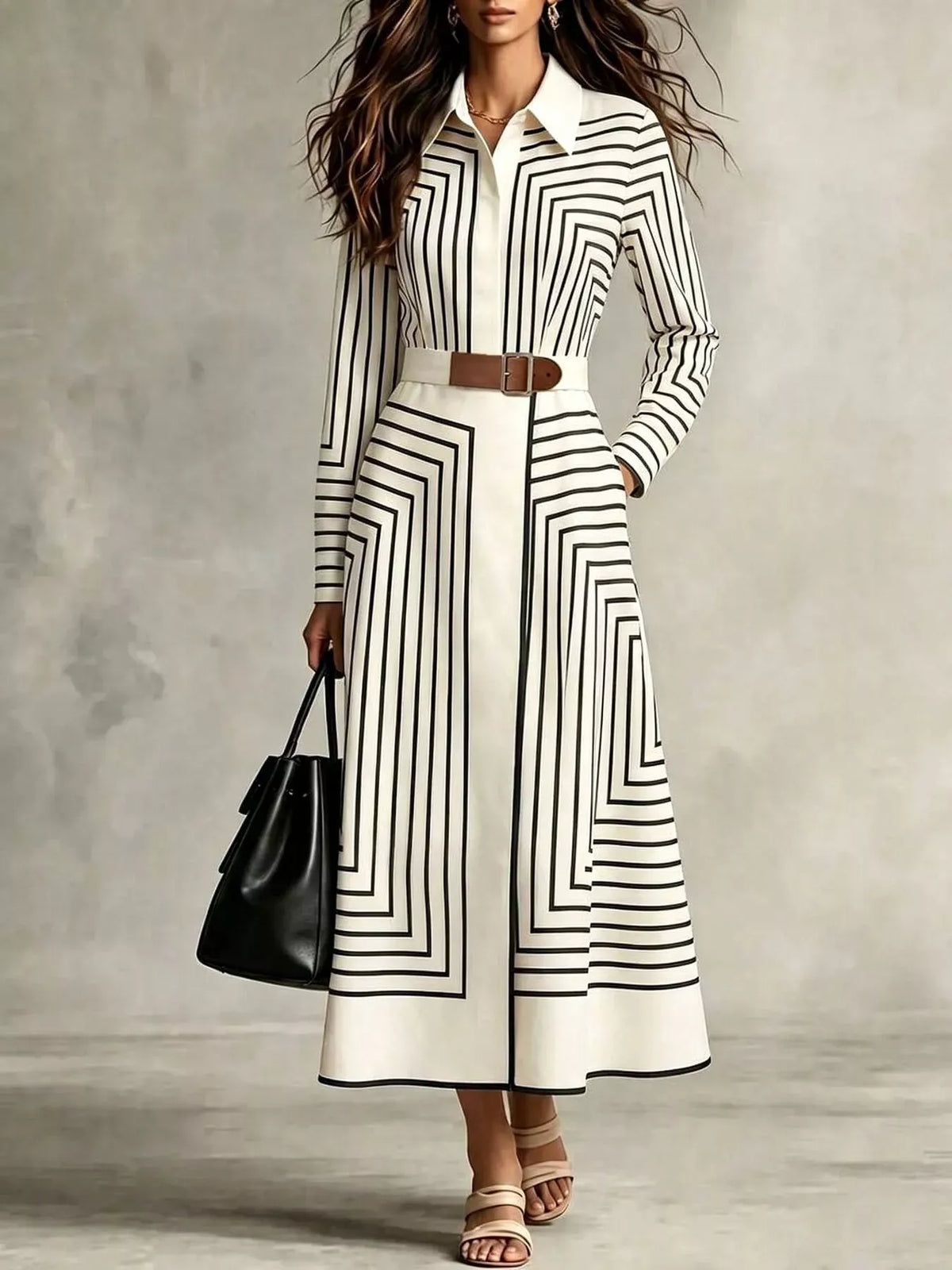 Geometric Stripe Belted Midi Shirt Dress — photo 2