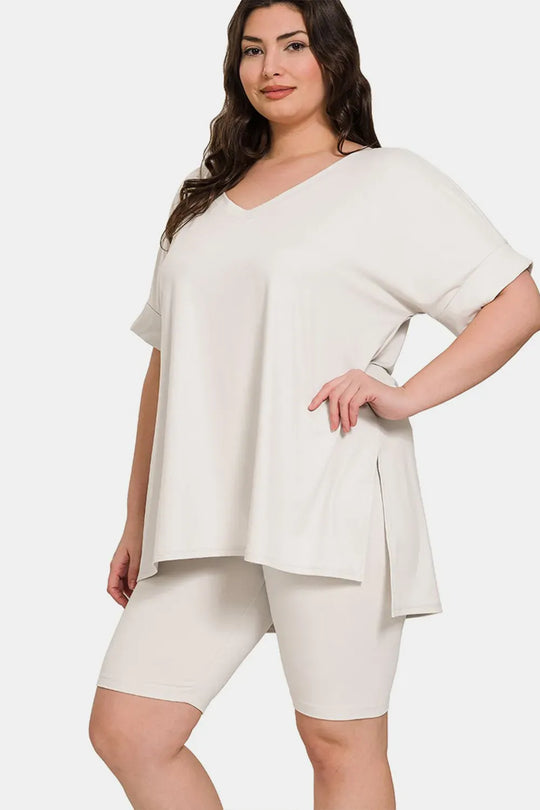 Another view: Curve V-Neck Short Sleeve Slit T-Shirt and Shorts Set — Bone
