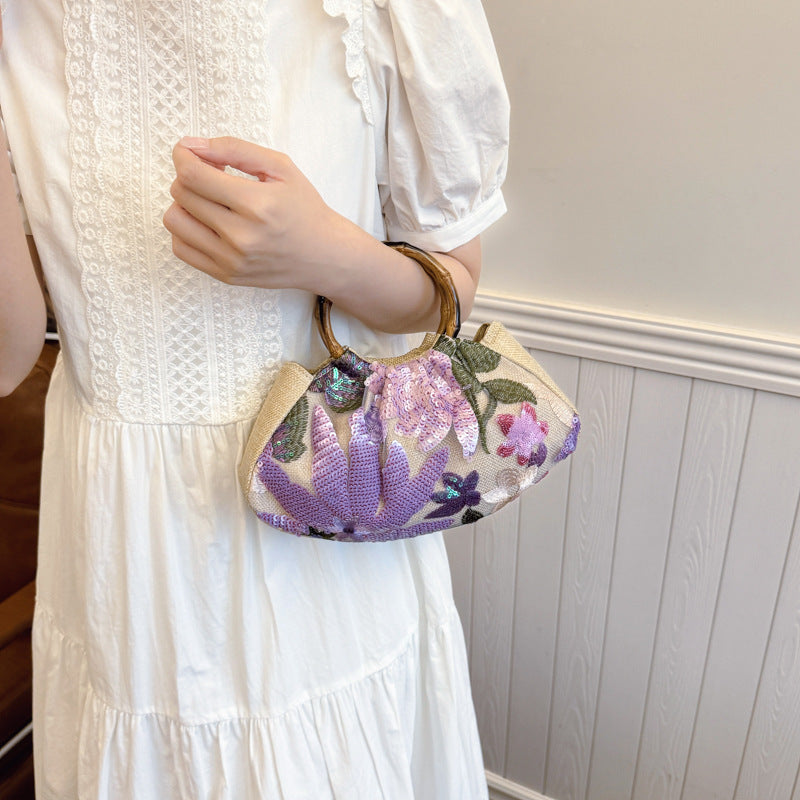 Bamboo Handle Tote Bag for Women - Shell Shape Shoulder Bag with Polyester Lining