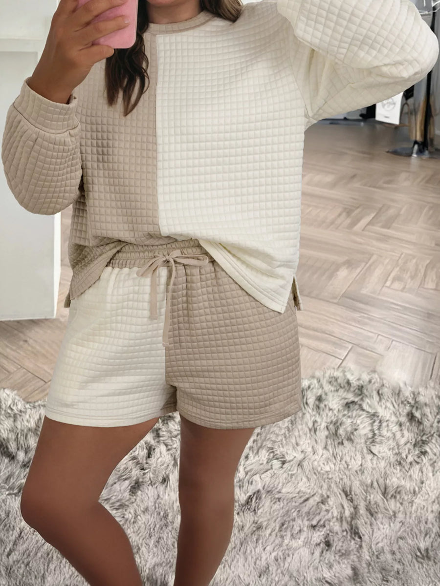 Color Block Patchwork Textured Long-Sleeve Top and Short Lounge Set