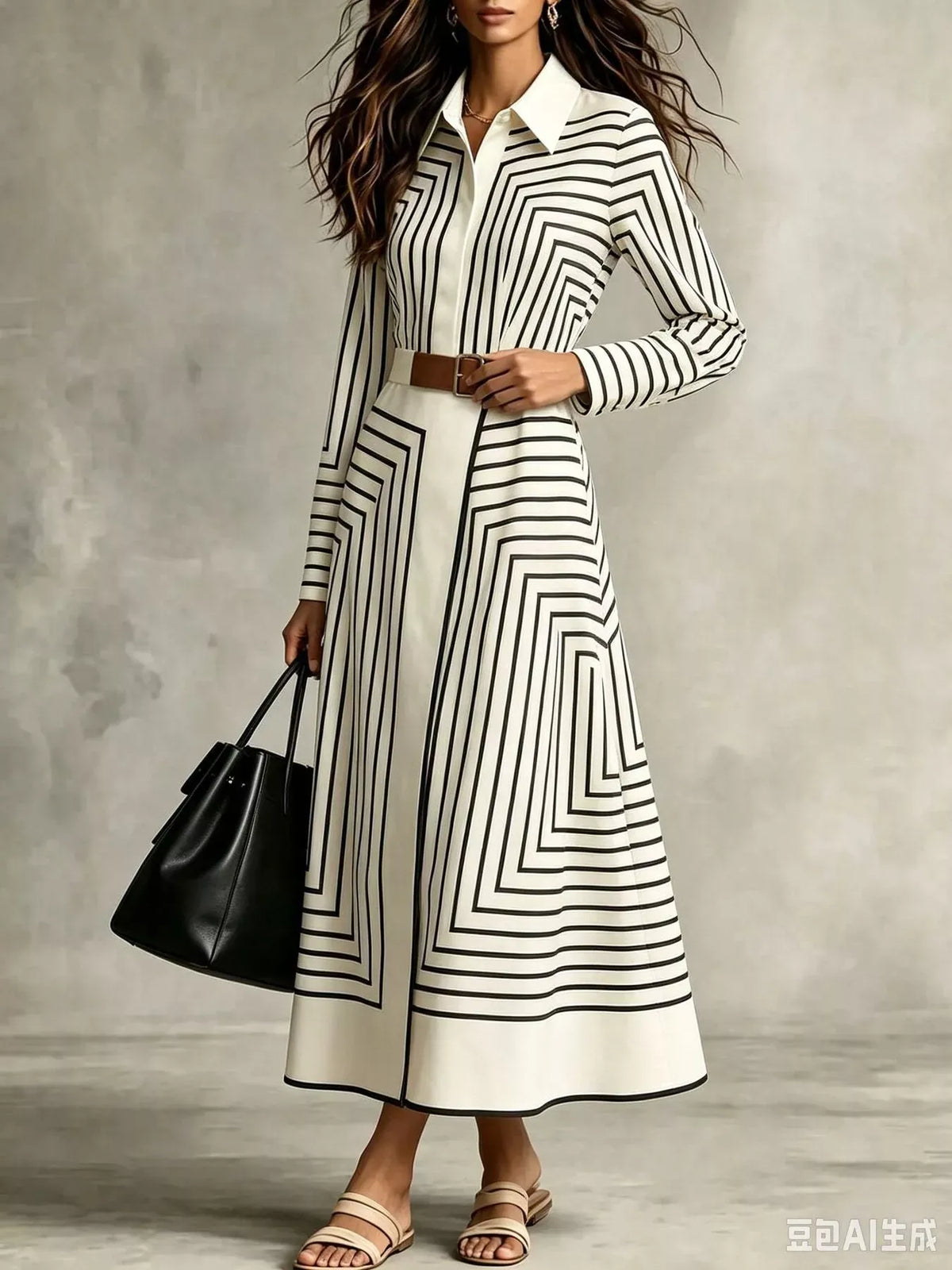 Geometric Stripe Belted Midi Shirt Dress — photo 3