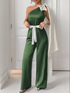 Bow-detail one-shoulder belted wide-leg jumpsuit