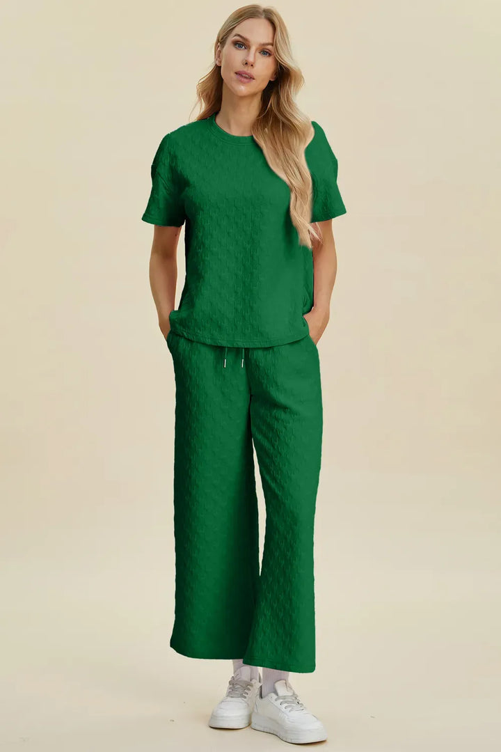 Textured Short-Sleeve Top & Pants Set — Full Size