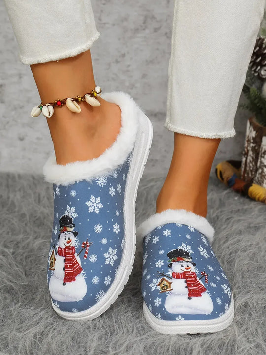 Another view: Snowman Print Faux Fur Flat Slippers