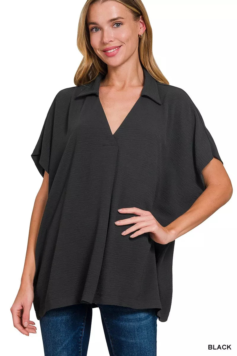 Woven Airflow Collared Short Sleeve Top