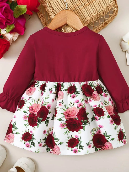 Another view: Floral Flounce-Sleeve Dress — Deep Red