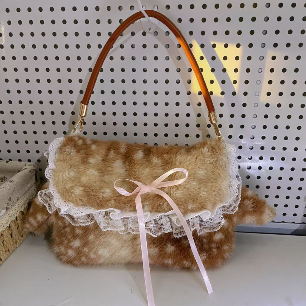 Women's Plush Bow-Tie Tote Underarm Bag – Fluffy Fawn Crossbody Handbag