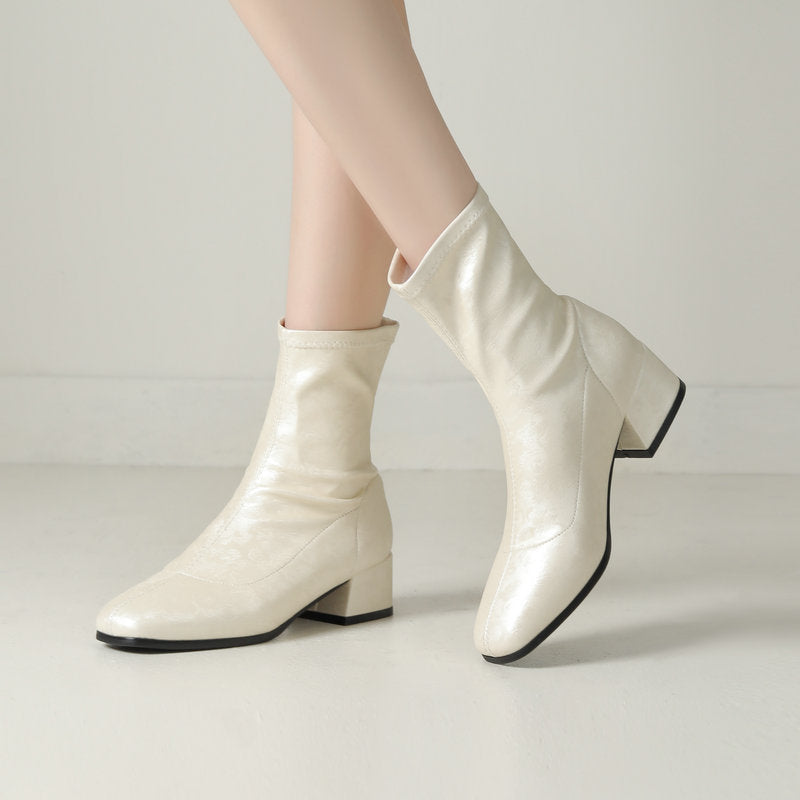 Women's Floral Embroidered Chunky Heel Booties | Retro Square Toe Slip-On Ankle Boots