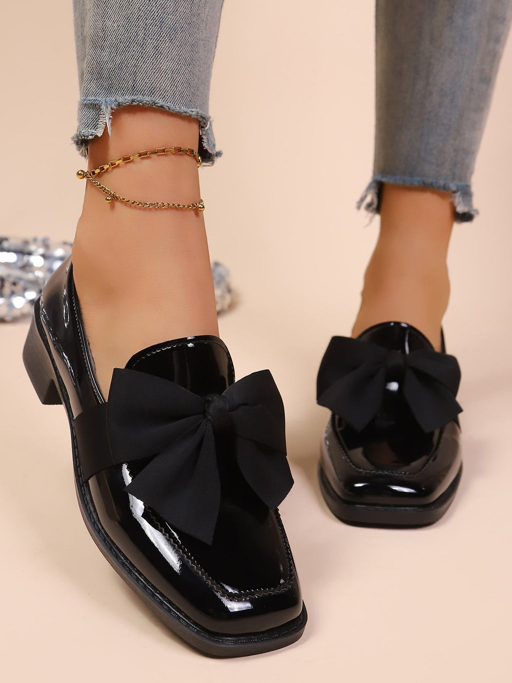Elegant Black Bow Flats - Square Toe Slip-On Dress Shoes for Women