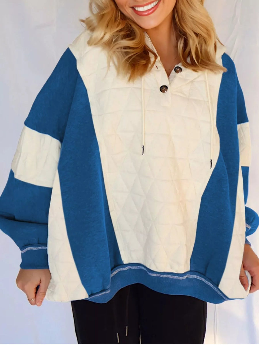 Quilted Fleece Colorblock Oversized Hoodie — Ivory