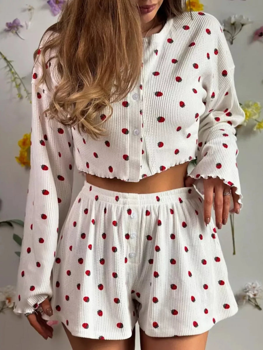 Strawberry Button-Down Top & Shorts Lounge Set — Beige